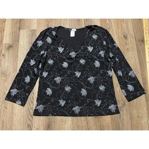 KC Stevens Shirt, Women's Petite Large, Black White, Floral, V-neck, 3/4 Sleeve